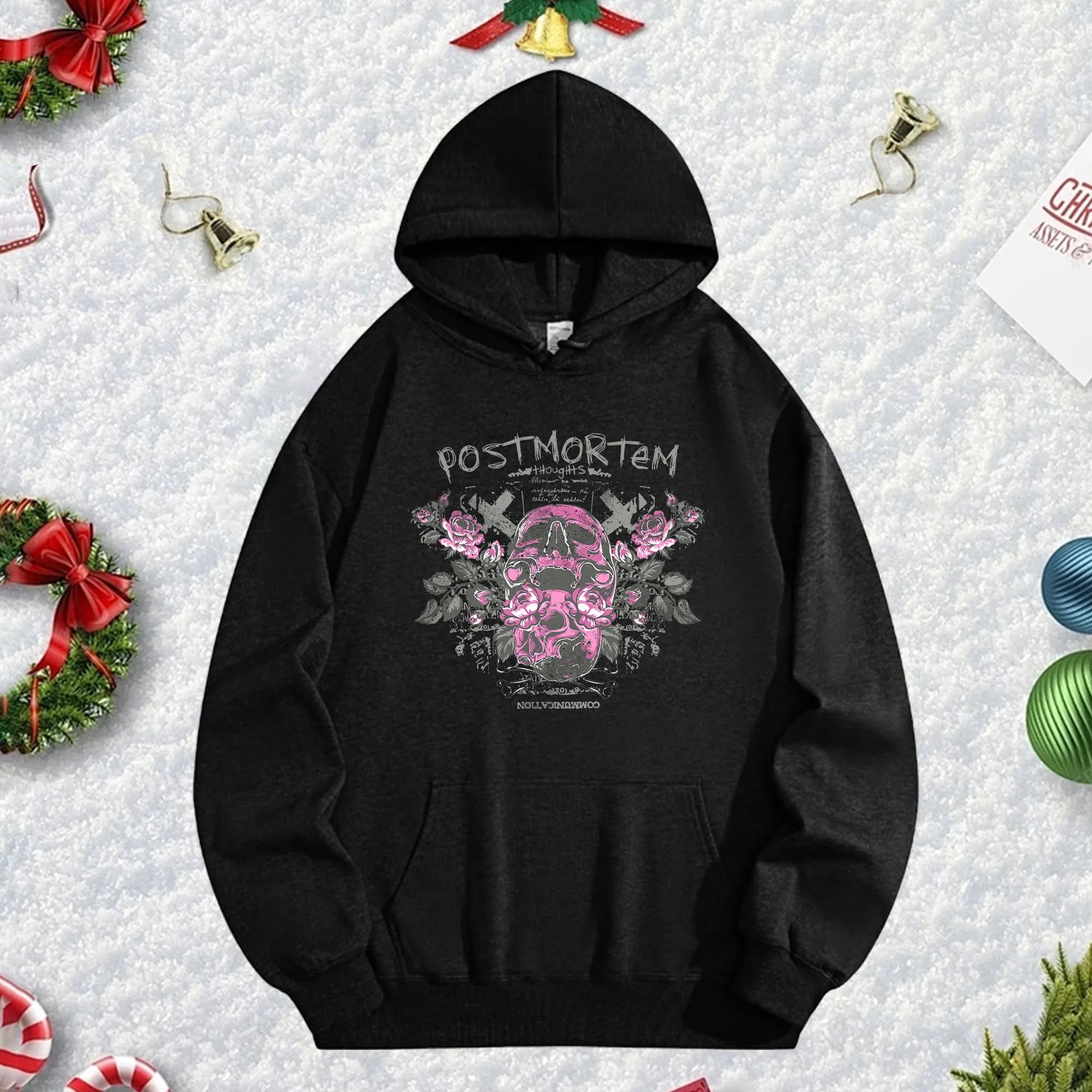 Black Unisex Hoodie Death Skull 270G, hot fleece sweatshirt for winter season, Christmas and New Year's holiday clothing