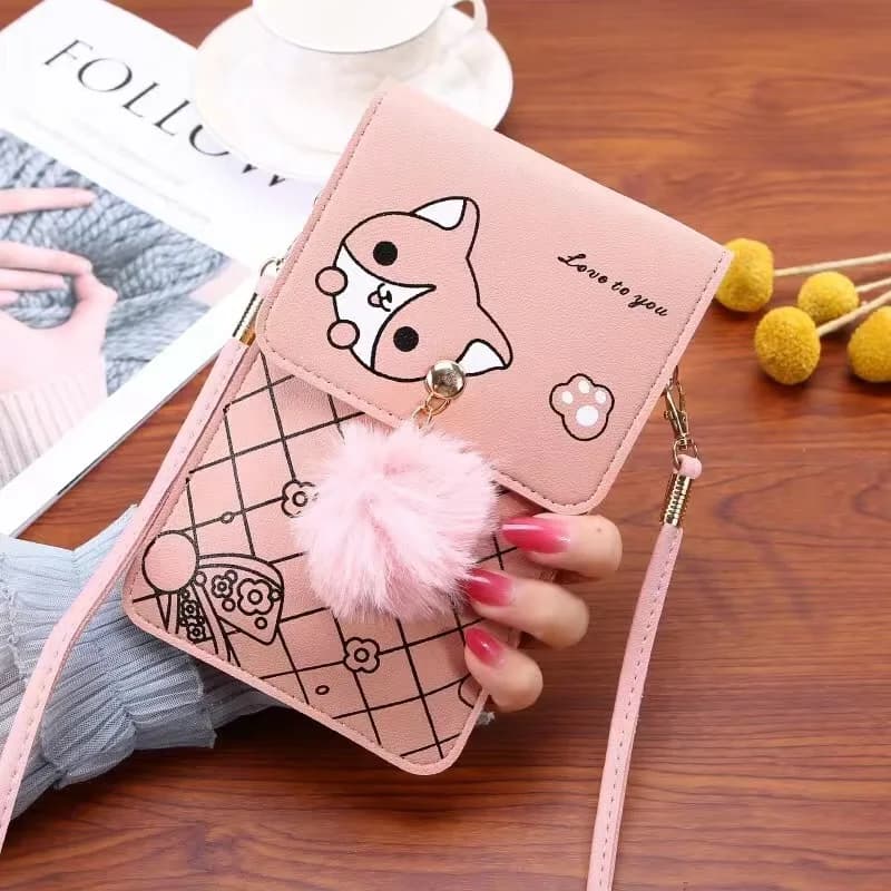 Touch-screen phone bag with cute cartoon pattern for woman - Transparent slim shoulder bag with mini shoulder strap