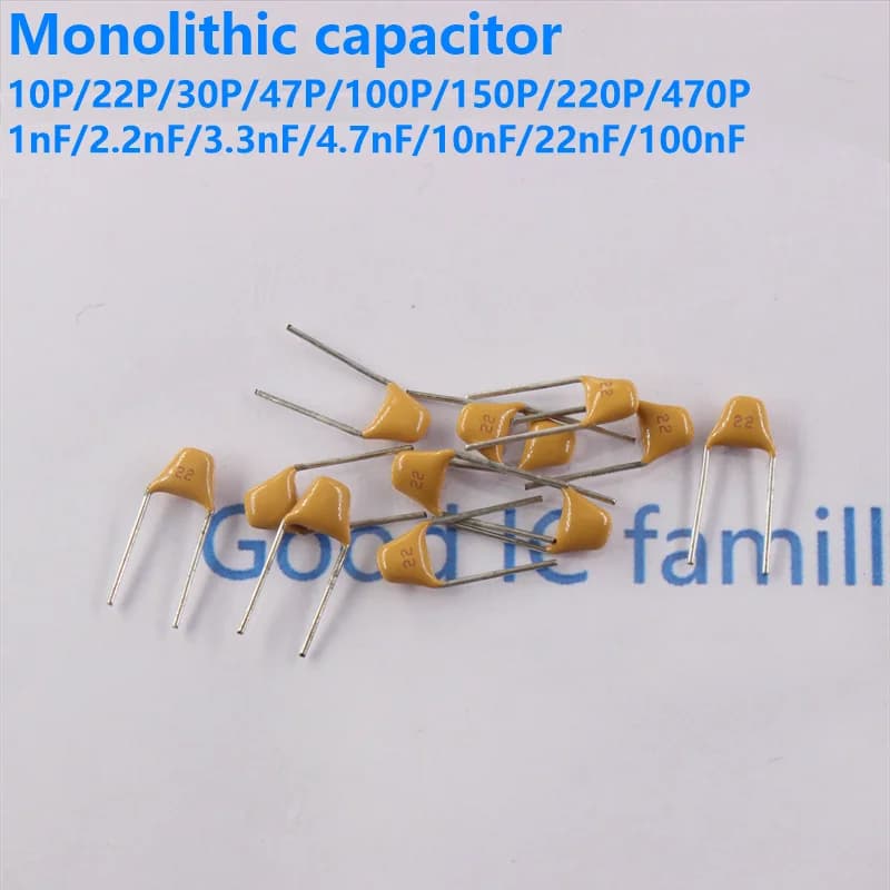 Condensatore ceramico monolitico 50 pezzi 50V (100~106) 10pF~10uF 102 103 104 105 22pF 1nF 10nF 100nF 0.01uF 0.1uF 22NF 1uF P=5.08mm
