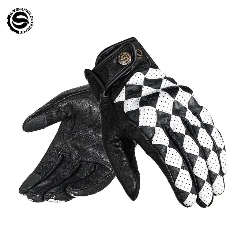SFK Black&White Motorcycle Gloves Retro Riding Protection Equipment Summer Breathable Real Goat Leather Non-slip Wear-resistant