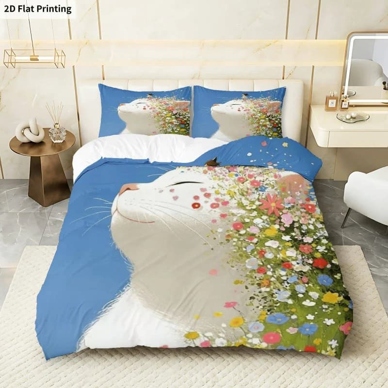 Set Copripiumino 3 Pezzi con Stampa 2D, 1 Copripiumino + 2 Federe (Senza Imbottitura), Tema Gatto, Fiore, Natura, Cielo Blu