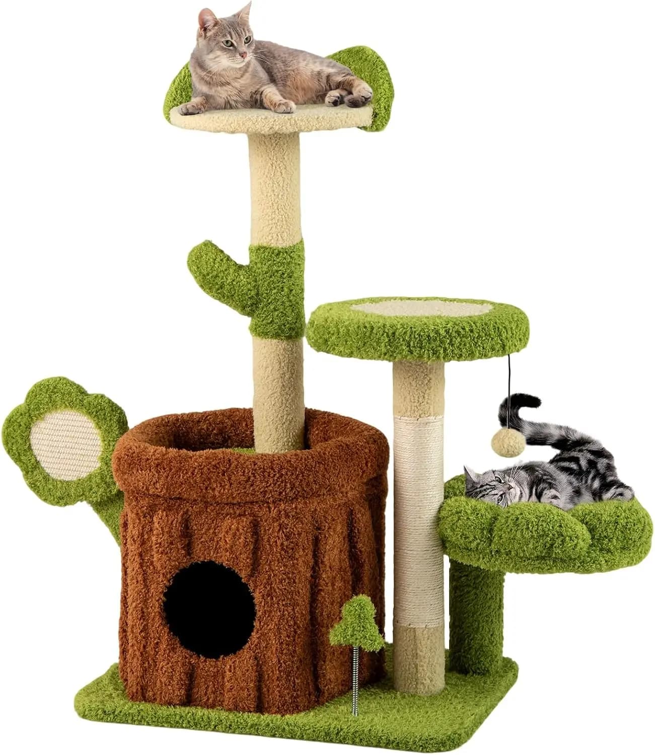 Torre per Gatti Estetica da Interno, Verde, in Sisal e Legno, con Cuccia a Tronco, Posatoio a Fiore, Cuccia Morbida, Pompon e Giocattolo a Molla