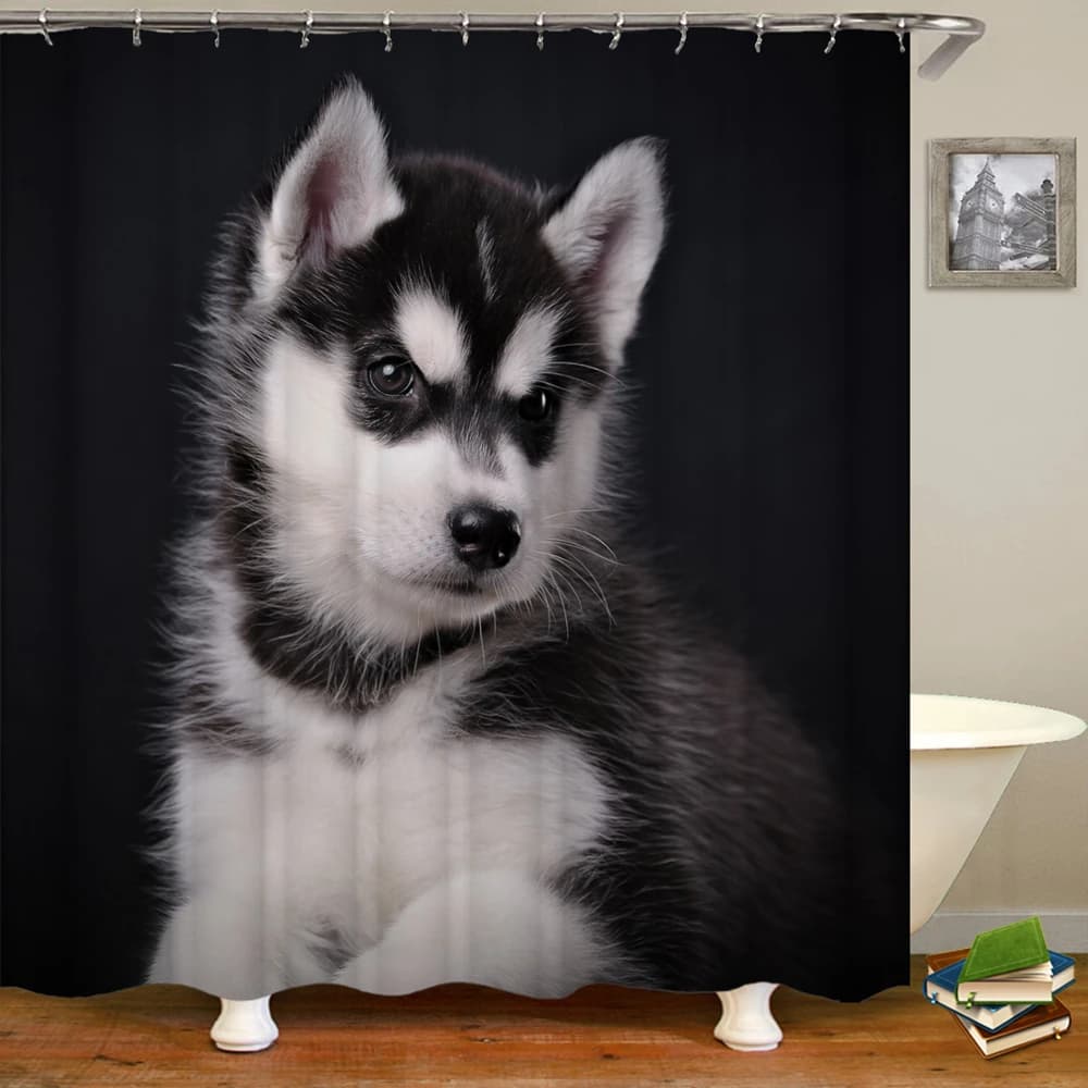 Simpatica tenda da doccia Husky siberiano Set di tende da doccia natalizie Tenda da bagno per cuccioli di cane Husky Cani da compagnia Decorazioni per la casa di Natale