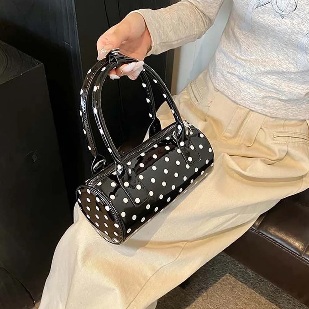 Polyester Polka Dot Cylindrical Bag Korean Style Anti-Splash Water Spicy Girl Handbag Black Contrast Color PU Shoulder Bag Women