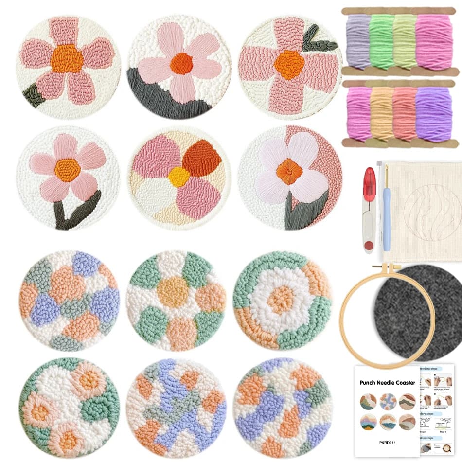 6PCS Set Punch Needle Coaster Kit Flower Yarns Embroidery Cup Pads Non-slip Coaster Kitchen Accessories Coasters Table Mat