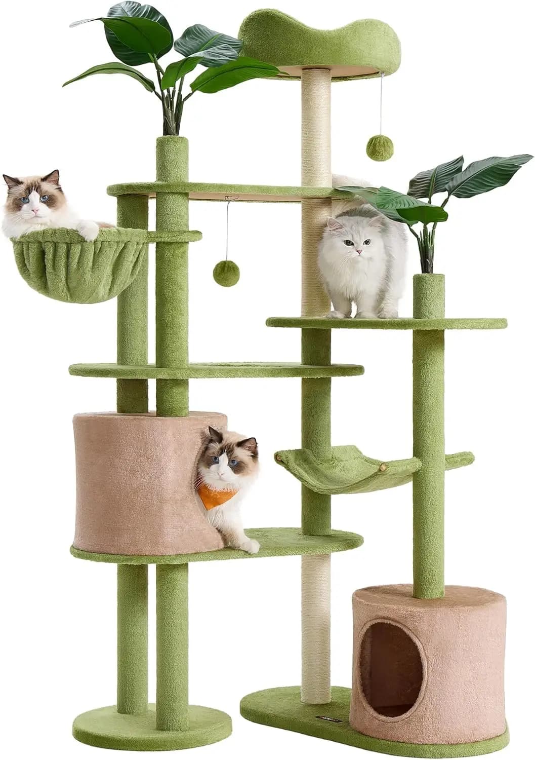 Albero per Gatti da 68 Pollici con Cuccia Morbida, Amaca, 3 Tiragraffi, Foglie Artificiali per Gioco e Relax Indoor