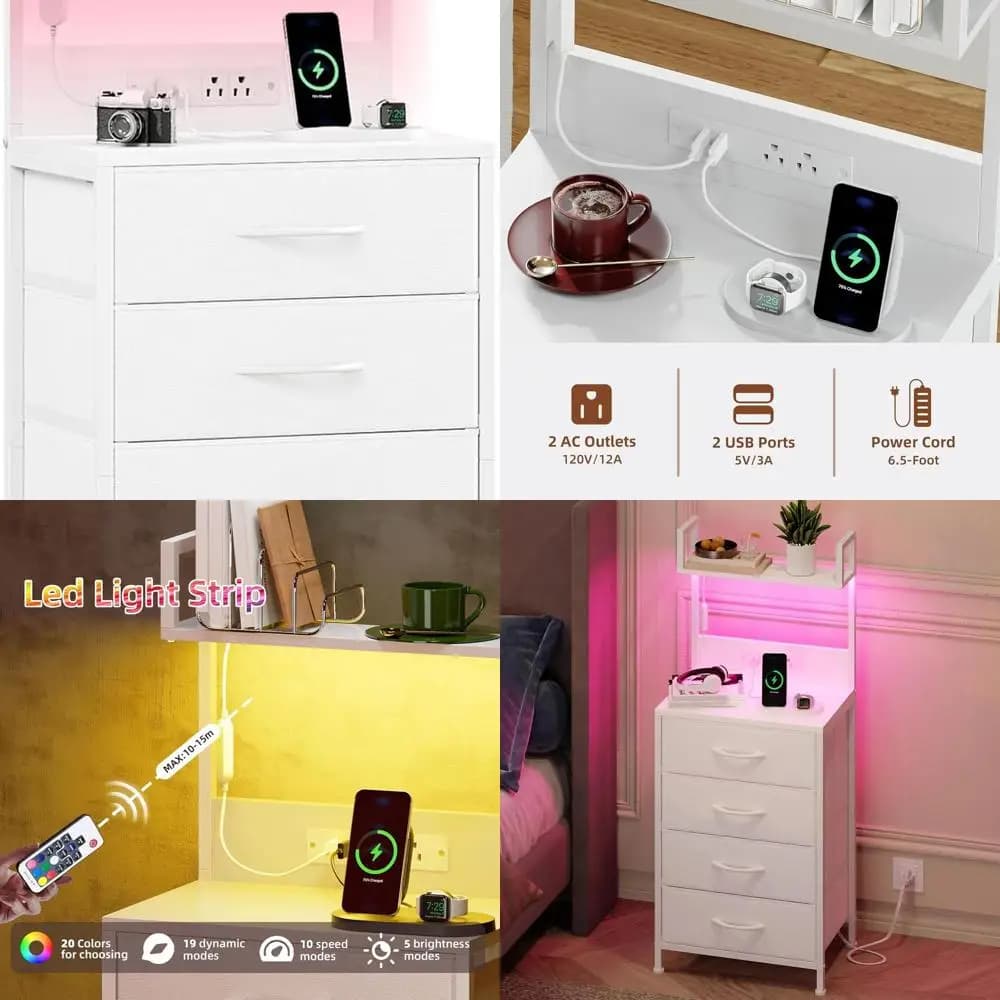 Comodino bianco con stazione di ricarica e luci a LED, comodino alto con 4 cassetti in tessuto e ripiano superiore per Be
