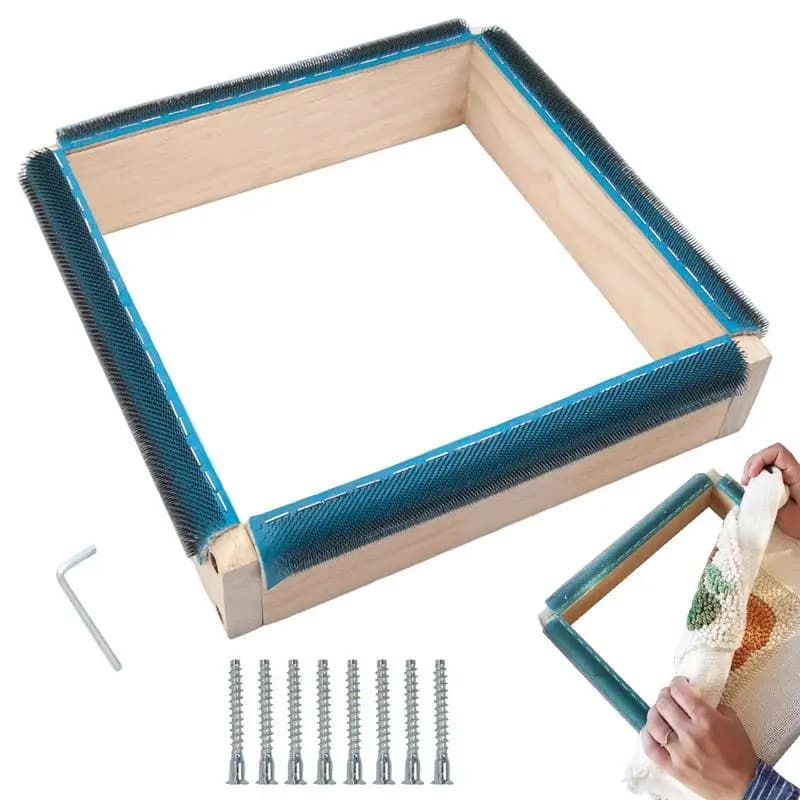 Square Embroidery Hoop W/ Wooden Gripper Strips Punch Needle Frame with Needle for DIY Embroidery Sewing Cloth Painting Quilting
