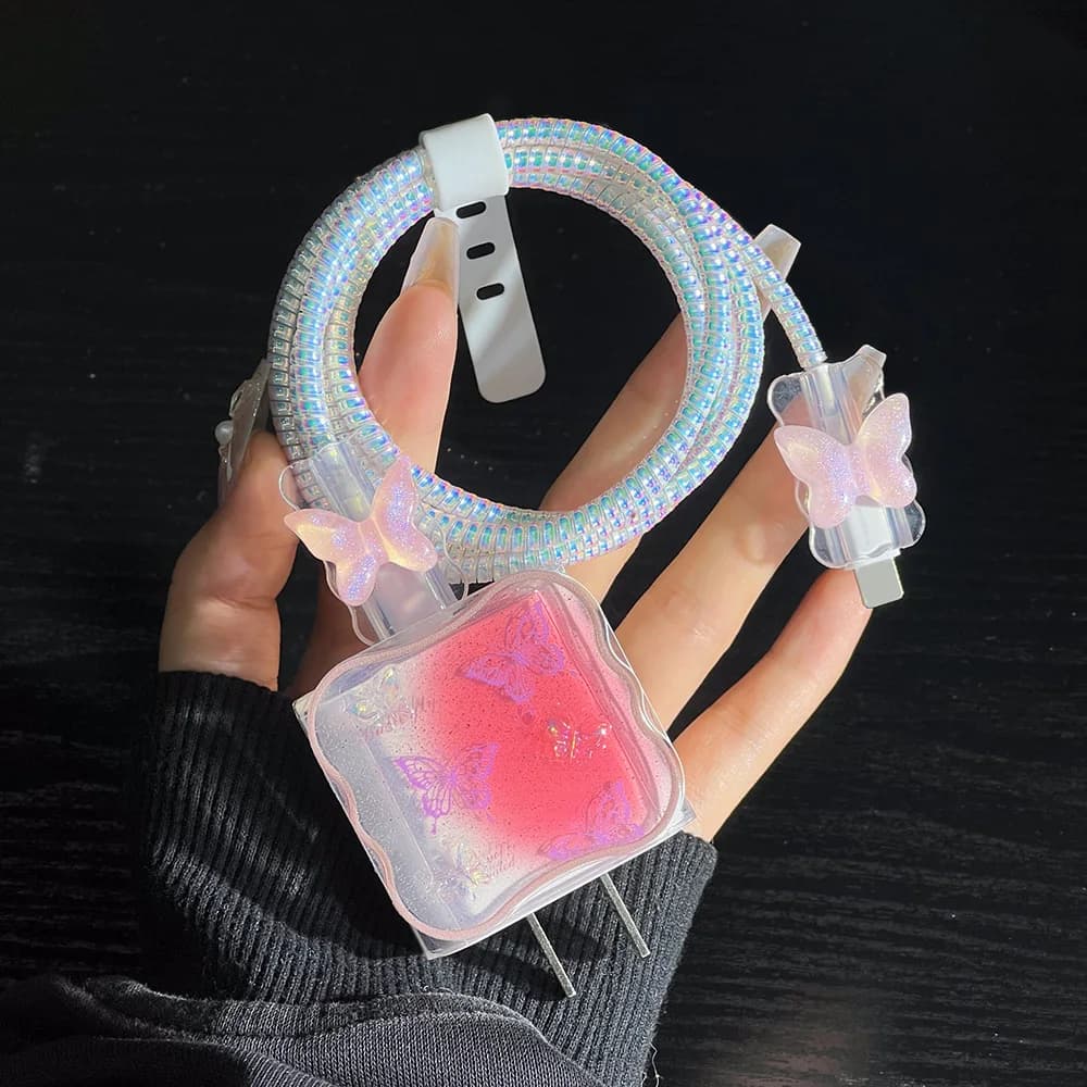 Kawaii Cute Clear Bowknot Pearl Wave Border Epoxy USB Protector Cover For iPhone 18W-20W Data Line Head Cord Fast Charging Case