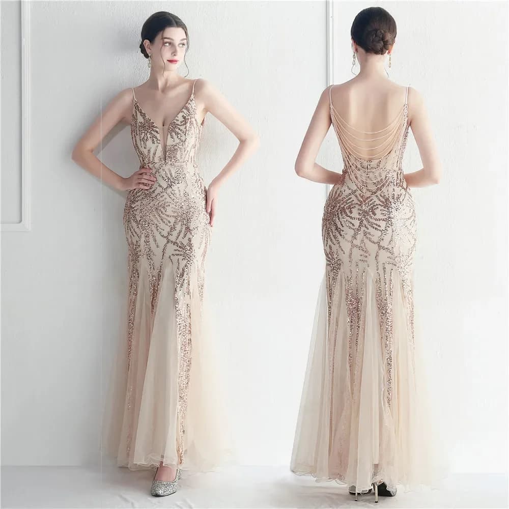 Spalline sottili senza schienale in pizzo elastico glitterato con paillettes da donna eleganti abiti da sirena festa da sera per damigella d'onore per gli ospiti di nozze Luxu