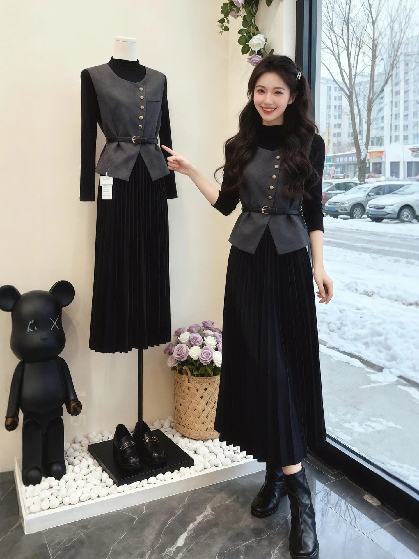 Autumn Winter plus Size Women's Vest Jacket Pleated Dress Korean Style Beautiful Set High Waist Loose Fit Button up Casual Date