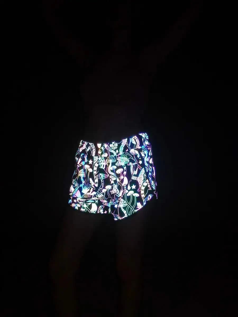 Pantaloncini Riflettenti in Maglia per Donne, Stampa Funghi, Shorts Sportivi da Corsa Traspiranti ed Elastici, Luminosi per Visione Notturna, Casual
