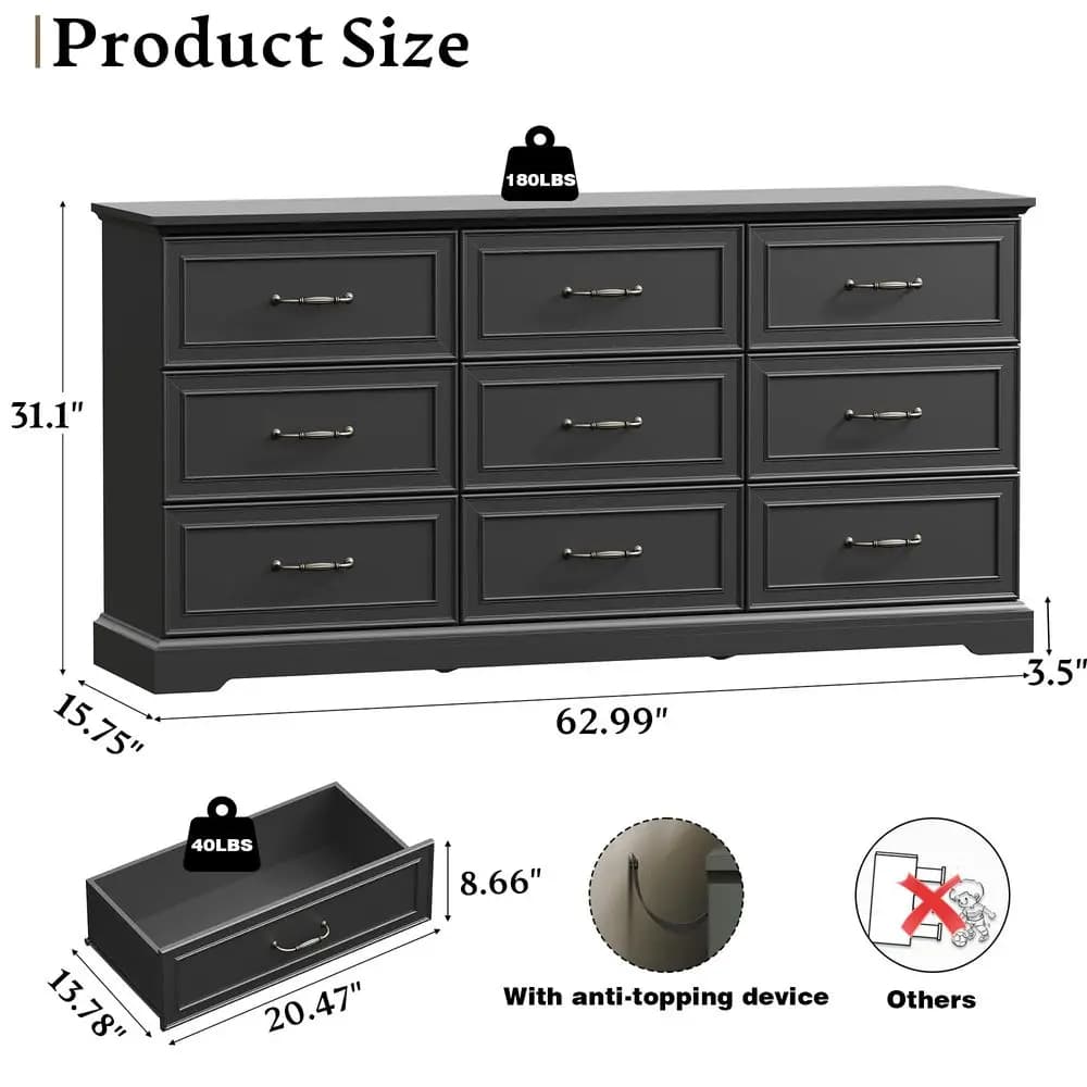 9 Drawers Dresser for Bedroom, 63 Wide Modern Chest of Drawers with Deep Drawers amp Bar Handles, Rustic Wood Dresser TV Stand,