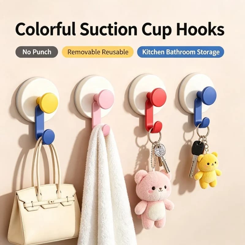 Colorful Suction Cup Hooks No Punch Removable Wall Hooks Reusable Heavy Duty Hook for Bathroom Kitchen Bag Towel Key Storage