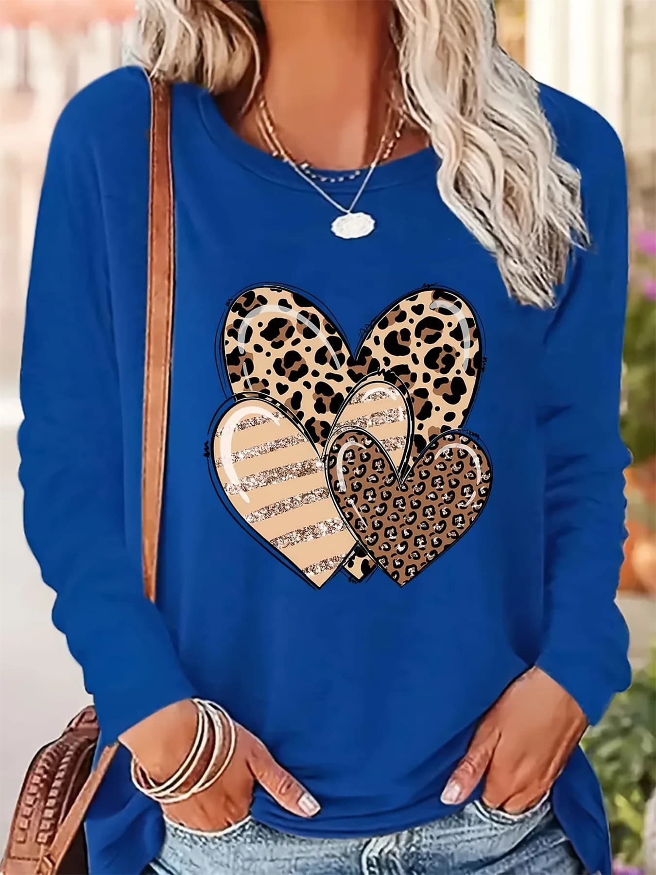 T-shirt da donna autunno e inverno 100% puro cotone alla moda casual a forma di cuore con motivo stampato allentato girocollo a maniche lunghe