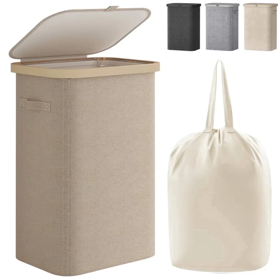 Slim Laundry Hamper with Lid 85L Foldable Clothes Basket with Removable Mesh Bag and Handle for Closet Bathroom Bedroom Beige