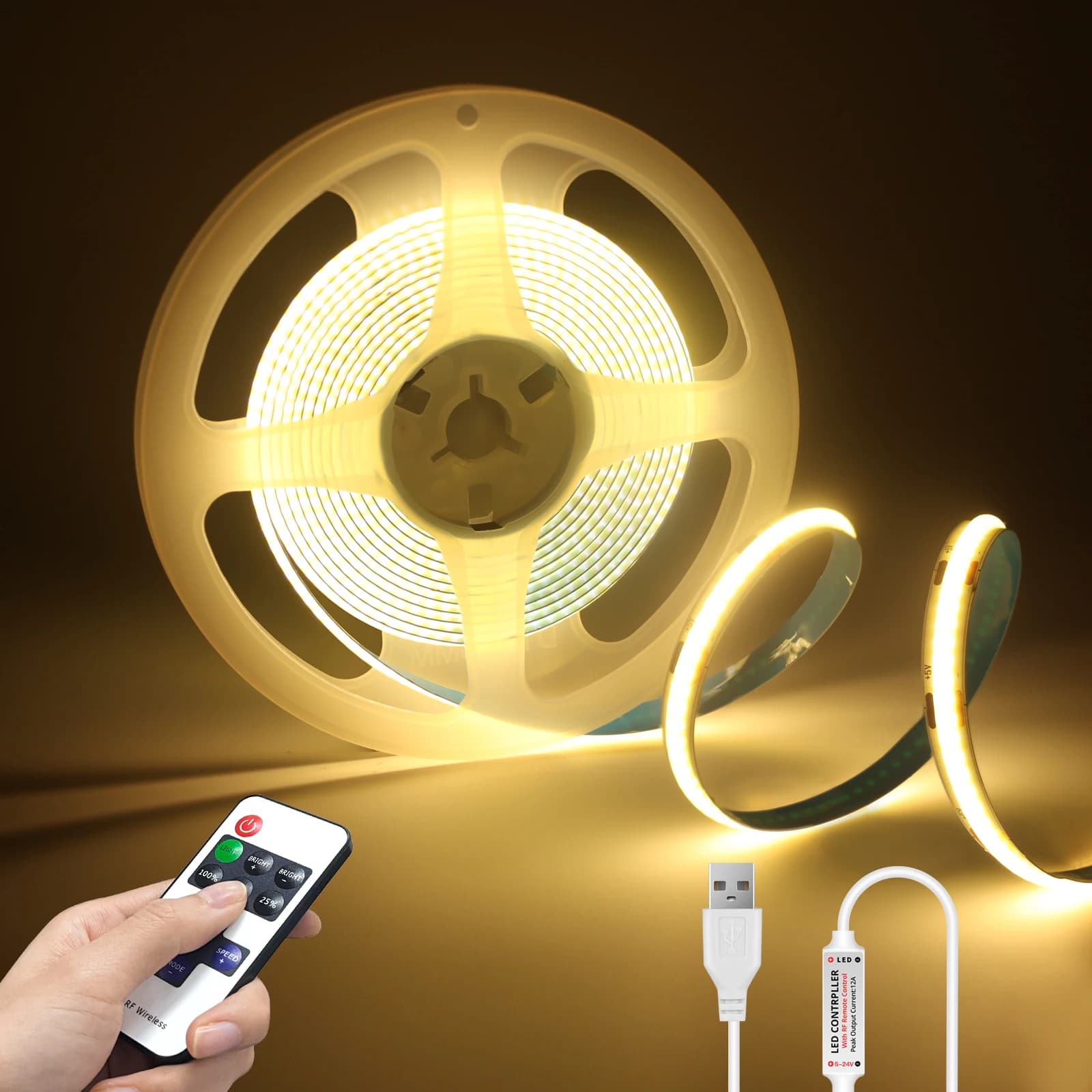 Striscia LED COB DC5V con telecomando dimmerabile 2/3/5M Striscia COB bianca/bianco caldo per illuminazione decorativa per armadietti domestici interni