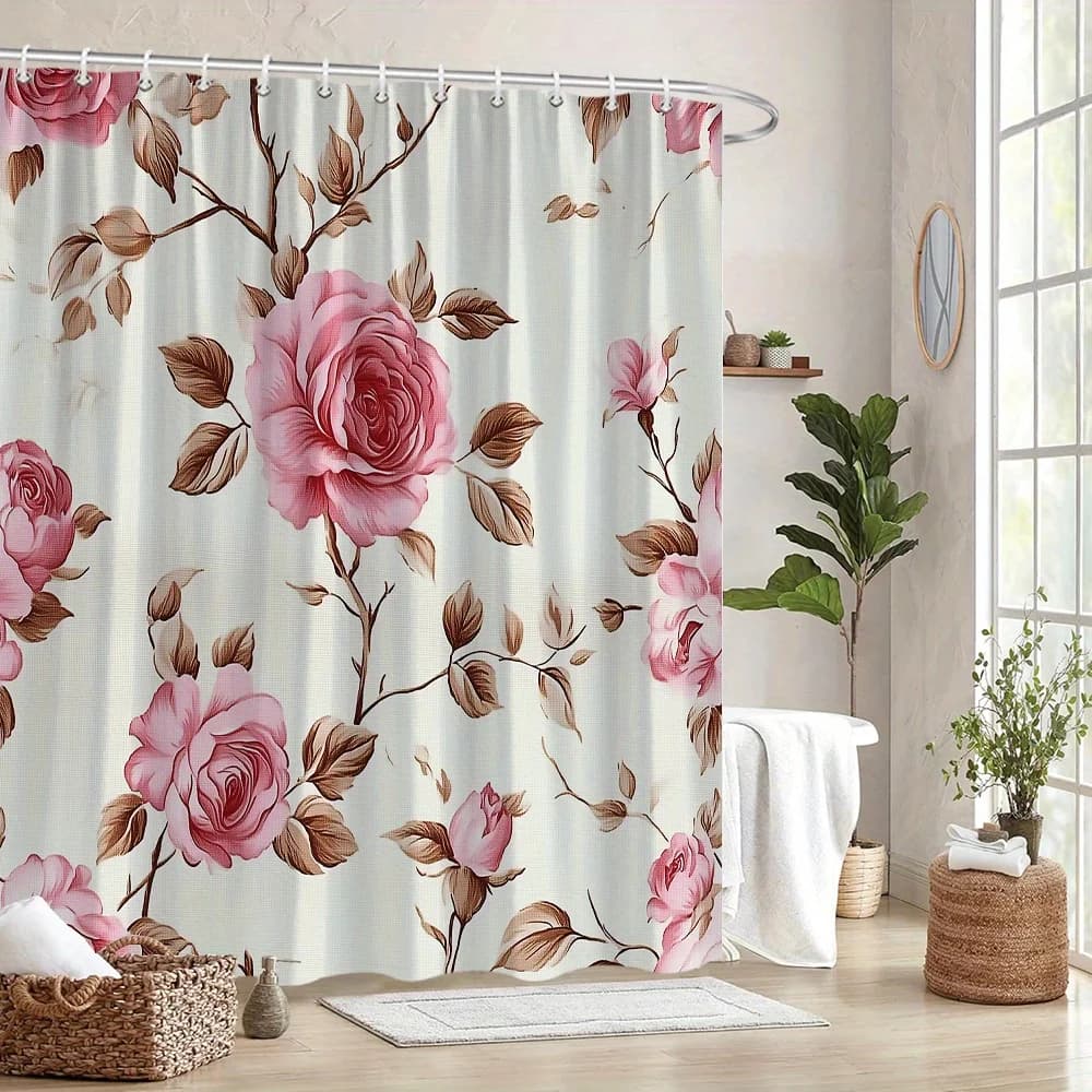 1 tenda da doccia floreale vintage con rose rosa, boccioli e rami marroni, tessuto in poliestere, con ganci, lavabile in lavatrice