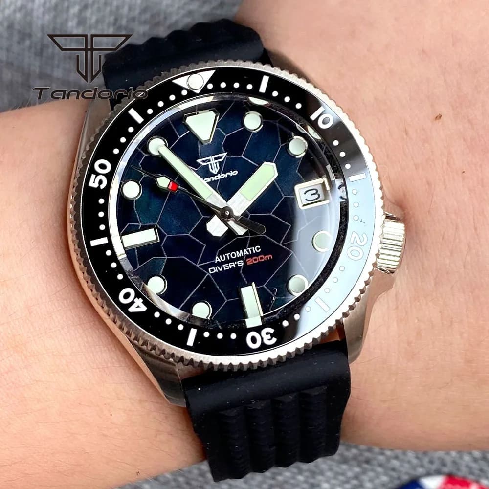 Tandorio 37mm NH35A quadrante in madreperla luminoso 200m Dive orologio automatico per uomo Lady Sapphire lunetta rotante data gomma