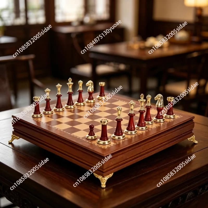 Chess Set European Luxury High End with Drawer Solid Wood Chess Pieces Metal Inlaid Desktop Ornament for Home Decor Display Use