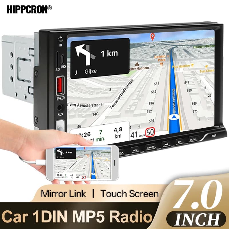 Hippcron 1Din Autoradio with 7 Inch Touch Screen, Support BT, USB, AUX, Charging, Rear Camera, Mirrorlink