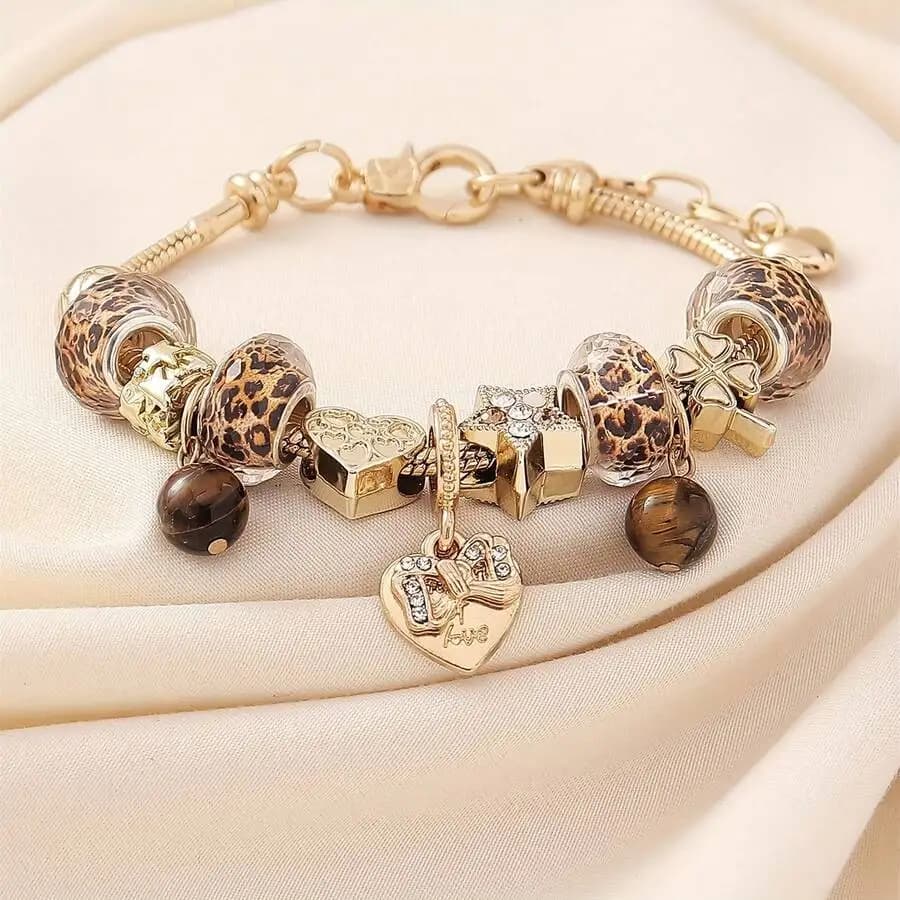 1pc Personalized Charm DIY Beaded Bracelet, Leopard Print Beads, Heart Butterfly Star Pendants, Adjustable, Christmas Gift, Vers