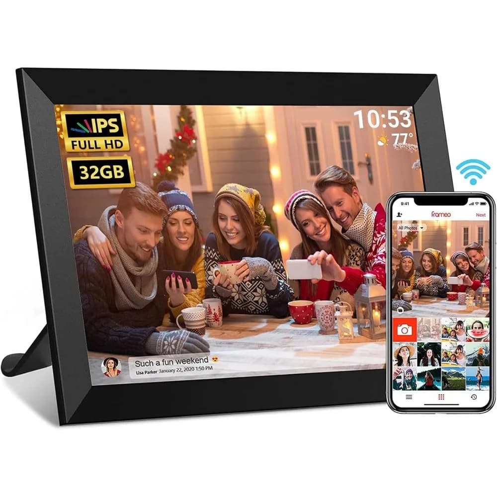 Cornice Fotografica Digitale 10.1 Pollici con WiFi, Schermo Touch IPS HD 1280x800, 32GB di Memoria, Rotazione Automatica, Montabile a Parete