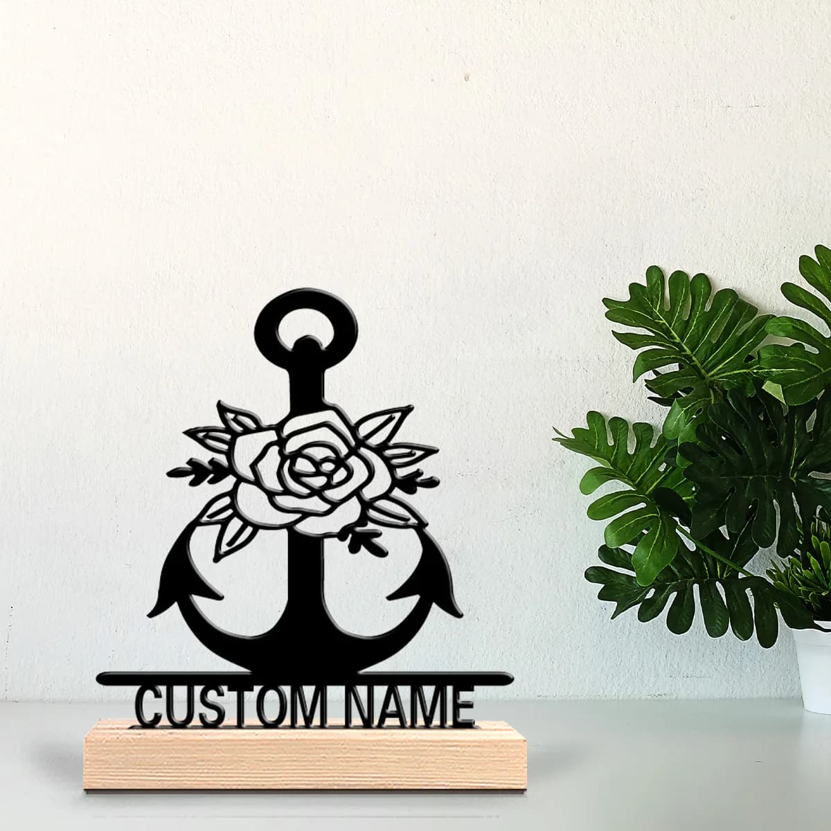1pc Simple boat anchor Personalized Text Metal Statue Iron Ornament Handicraft With Wood Base Iron Ornament Home Table