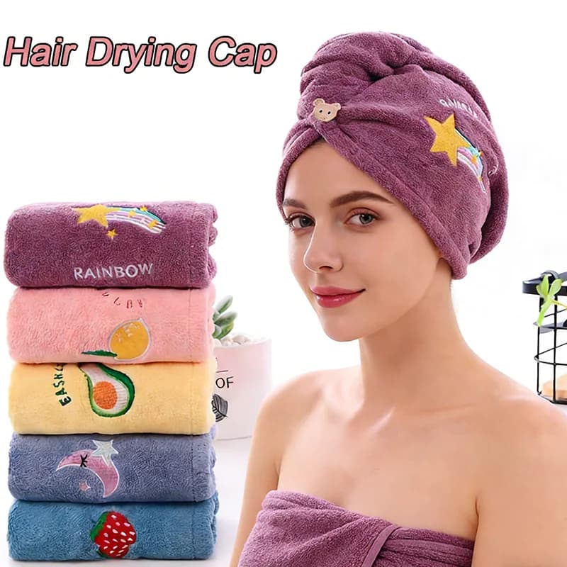 Cuffia per asciugare i capelli in morbido pile corallo, simpatico asciugamano assorbente ricamato per ragazze e donne