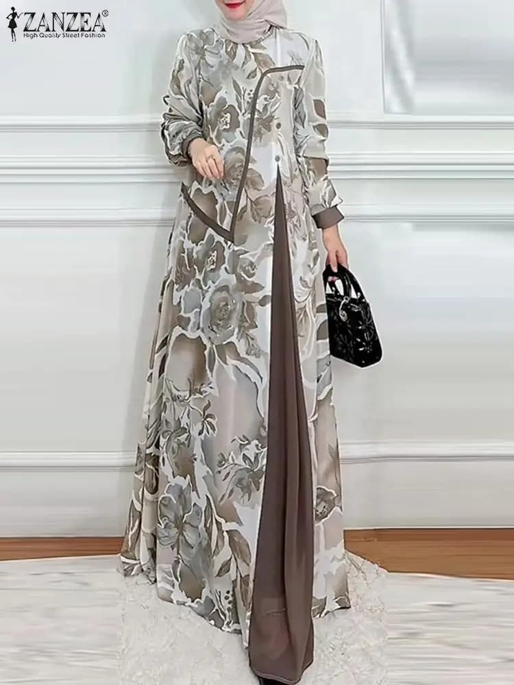 Abito lungo Patchwork elegante da donna ZANZEA abito Abaya musulmano Femme abito estivo stampato a maniche lunghe Vintage abiti larghi eleganti