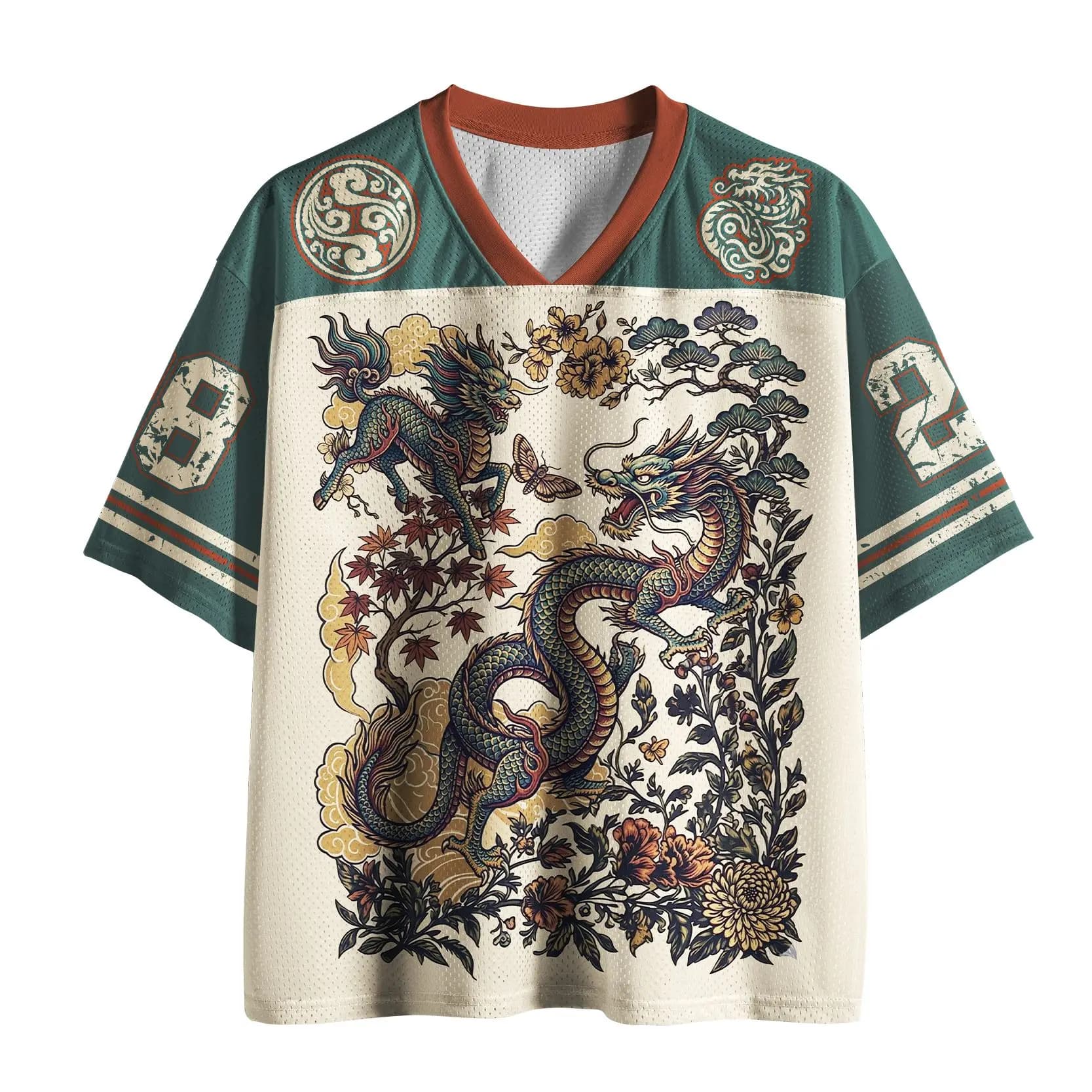 T-shirt in rete con stampa drago, stile jersey americano, maniche corte larghe, traspirante per l'estate, top alla moda con colori a contrasto