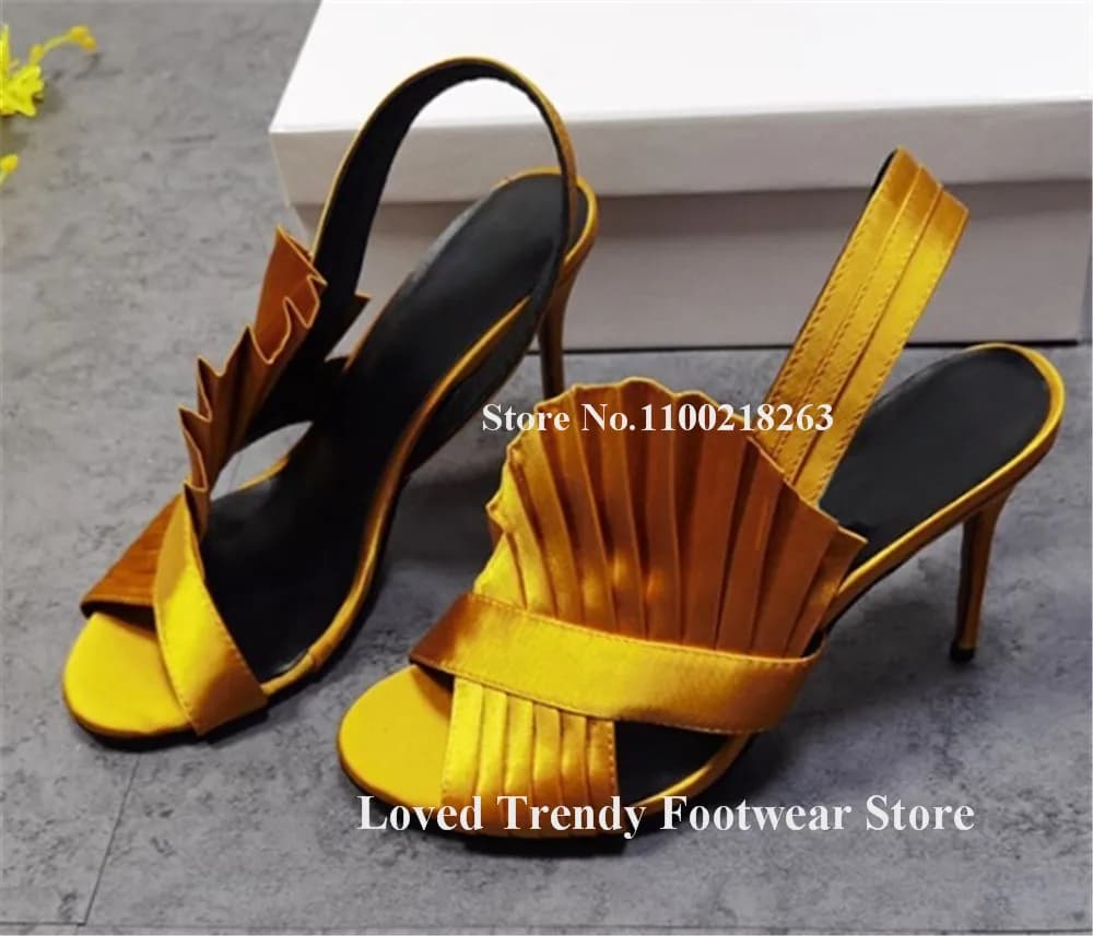 Women Elegant Pink Purple Gold Red Satin Ruffles Stiletto Heel Sandals Open Toe Fringes Straps Thin Heel Party Heels