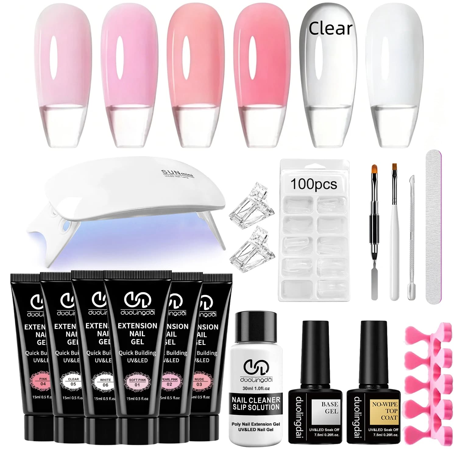 DOULINGDAI Poly Nail Gel Kit: 6 transparent, pink and white colors, gel maker for nail extension, gel resistant to long life to strengthen nails, solution all in one for hardening of nails, for French manicure at home or in salon.