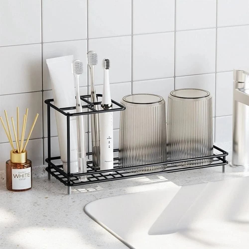Portaspazzolini Multi-Scomparto in Acciaio al Carbonio con Portabicchieri, Organizzatore Bagno Antiscivolo Salvaspazio, Mensola Porta Dentifricio