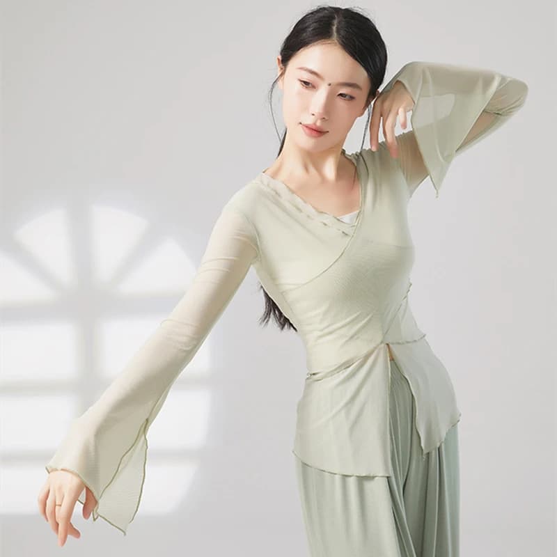 Dance Tee Top completi da palcoscenico da donna doppio scollo a v camicia a rete Guaze manica svasata camicetta Casual in Tulle Costume da pratica classica
