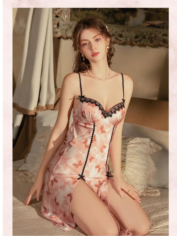 Magdalyn Sexy Women Butterfly Print Strappy Dress InsErotic Spaghetti Strap Pajamas Lace Sash Nightgowns Padded Split Sundress