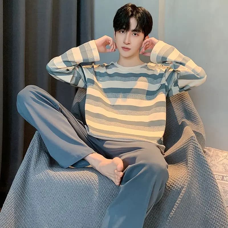 2026 Autumn Long Sleeve Casual Striped 100% Cotton Pajama Sets for Men Korean Loose Sleepwear Pyjamas Male Homewear Home Clothes