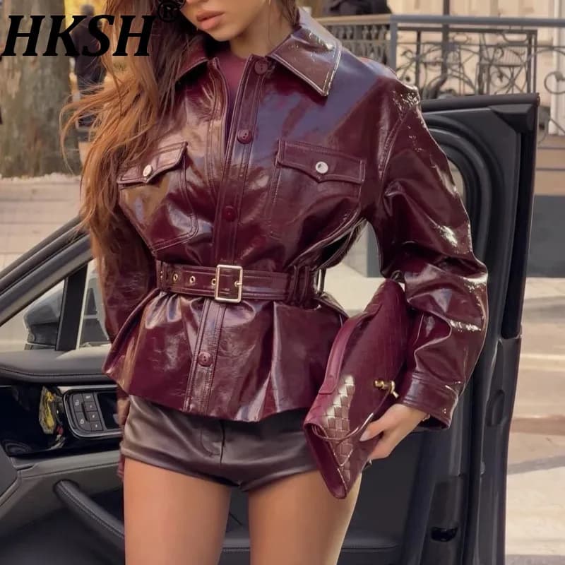 HKSH Women PU Leather Set Belted Waist Cinching Solid Color Punk Ins Jacket Versatile A-line Short Skirt New Spring 2026 HK19412