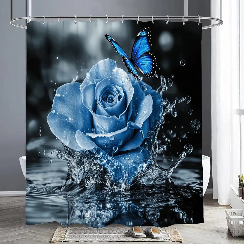 Bellissima tenda da doccia con rose blu e farfalle, tenda da doccia decorativa per il bagno, tenda da doccia stampata con ganci