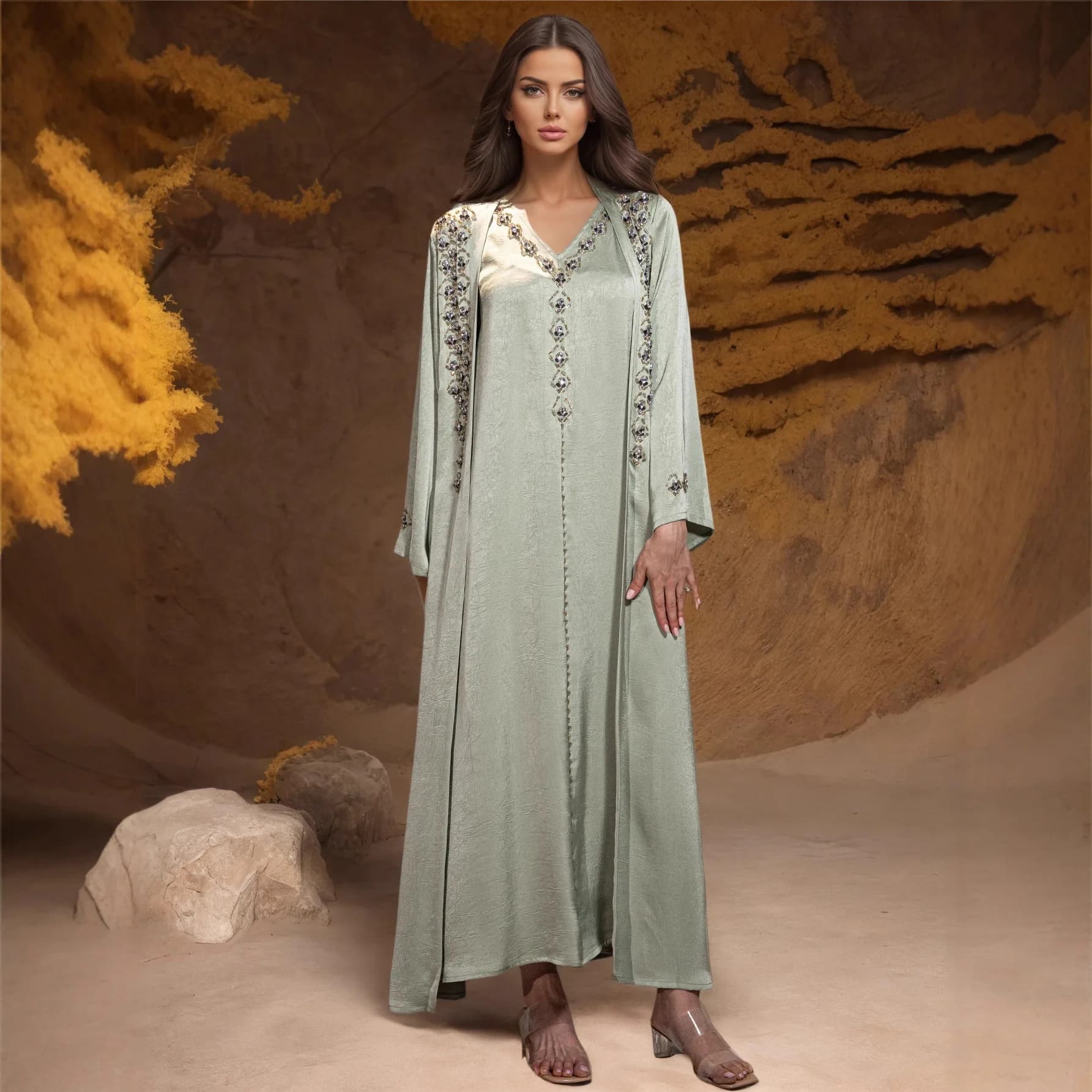 Women's Dress Eid Muslim Women's Dress Abaya Open Sets 2-piece Long Dress Jalabiya Diamanti Ramadan Abaya Dresses Caftano