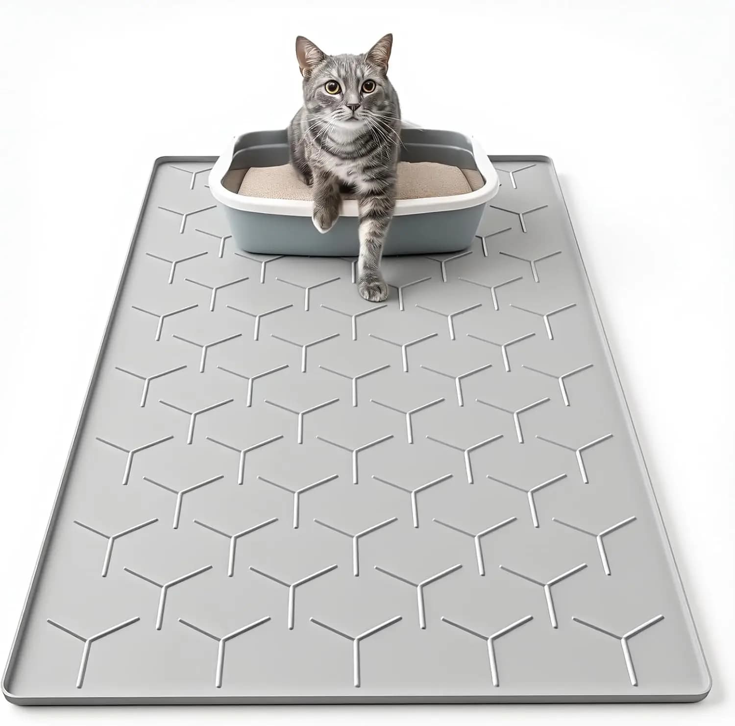 Tappetino Grande per Lettiera Gatti, Impermeabile in Silicone per Pavimento, Grigio, 86 x 56 cm