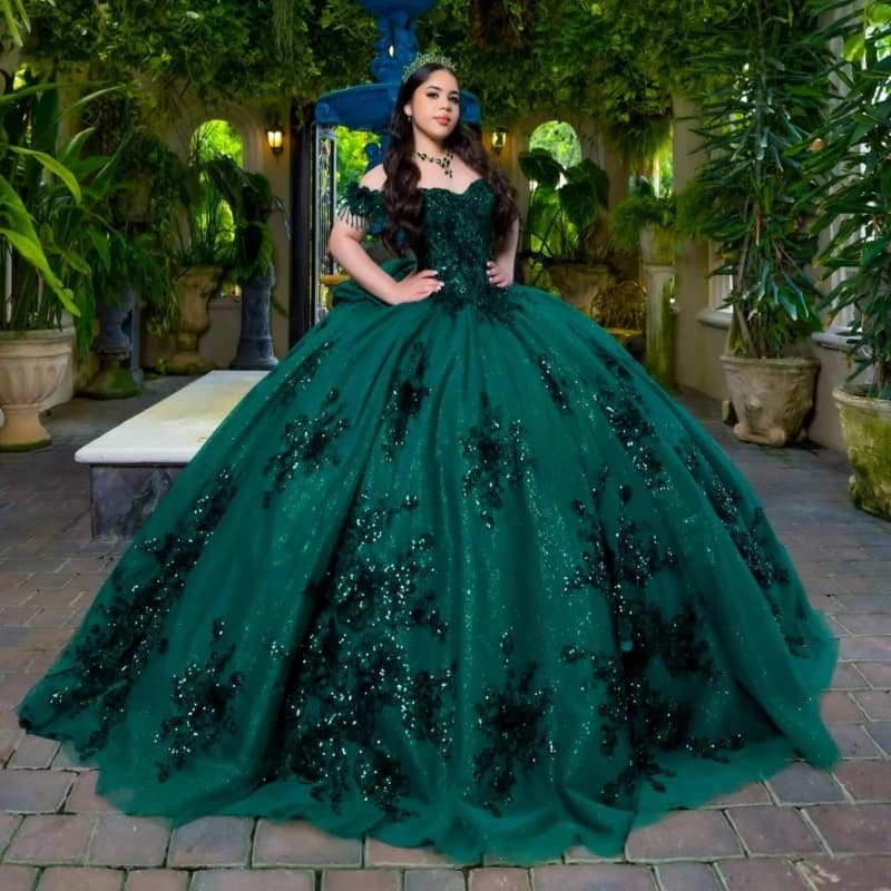 Abiti Quinceanera lucidi verde scuro con spalle scoperte Applique Perline di pizzo Tull Corsetto Festa di compleanno Dolce 16 Dres Abiti 15