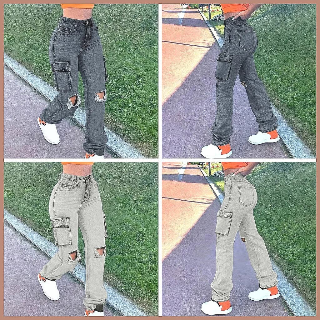 Jeans Cargo Women's wide, Streetwear in Black Denim Washed, Casual pants in Straight Leg