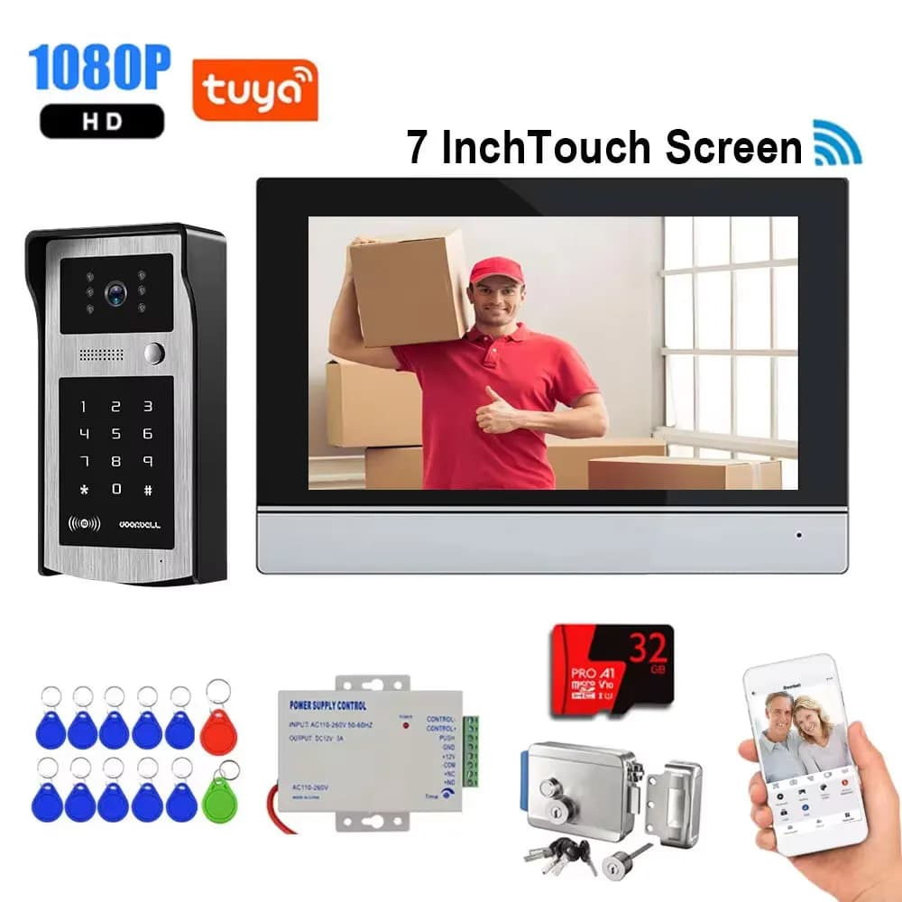 Videocitofono a 4 fili con telecamera cablata 1080P impermeabile, schermo touch IPS da 7 pollici, supporto password e blocco elettrico.
