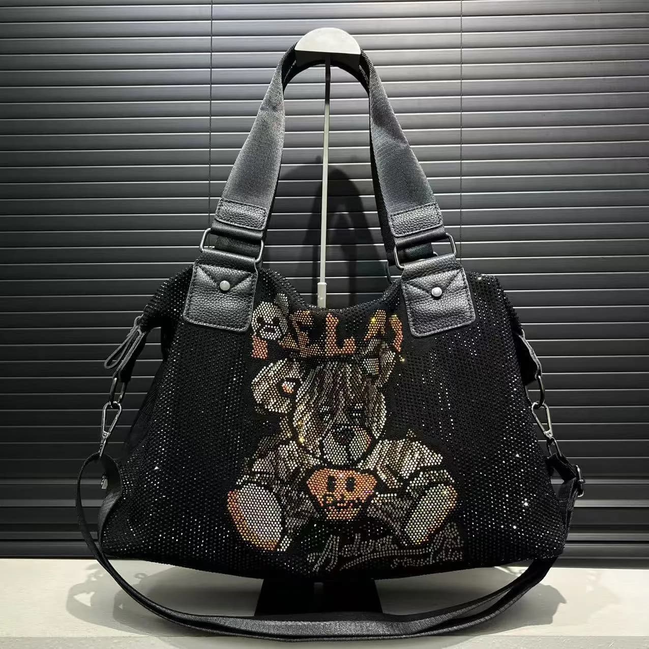 Black Rhinestone Bear Tote Bag Women's Fashion Large Capacity Adjustable Handle Crossbody Bag Daily Commute Handbag