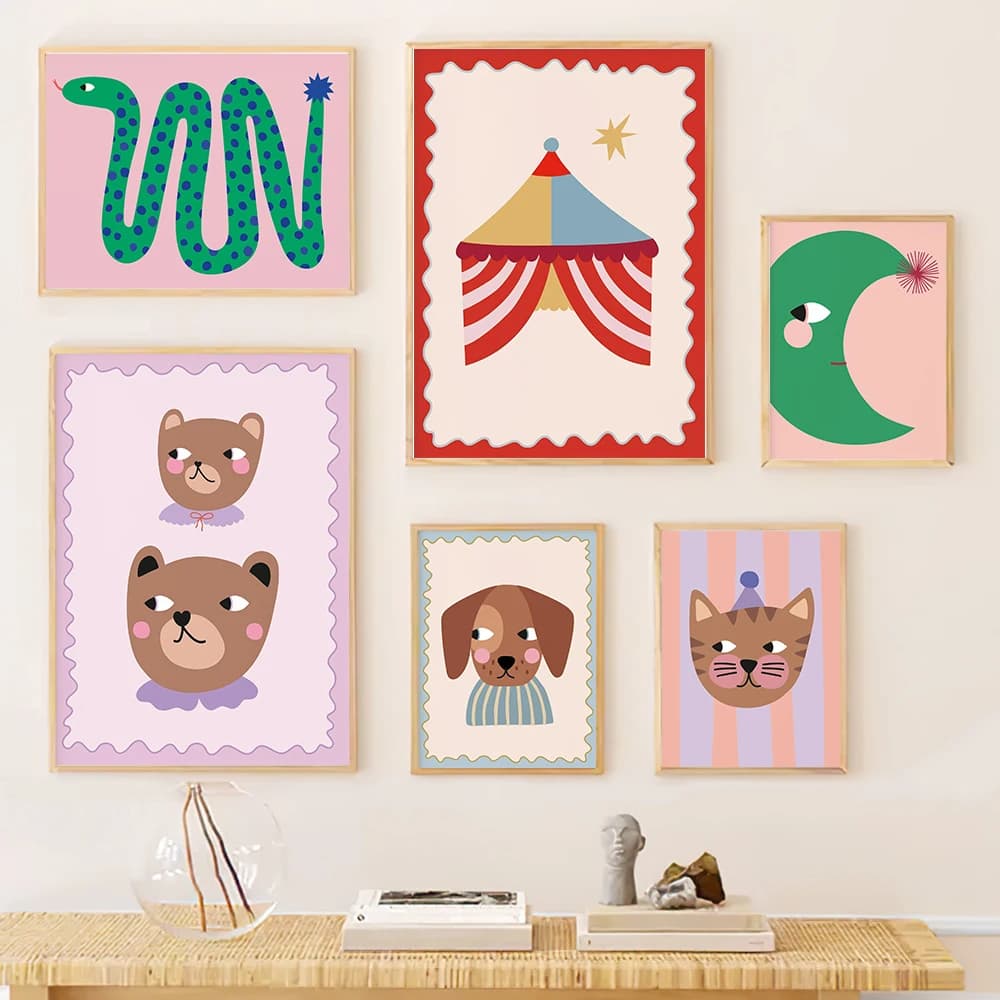 Mamma Orso e Ragazza Orso Stampa Poster per Bambini Decorazione Della Parete Camera dei Bambini Asilo Immagini Circo Tigercat Serpente Cane Luna Poster