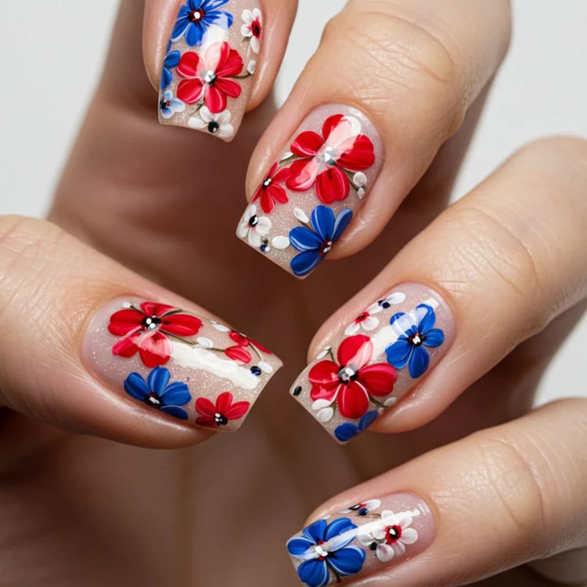 24Pcs fake nail art, Independence Day square wearing nail, red, blue, white flower pattern print design, detachable fake nail patch, anniversary gift, perfect gift for women, birthday gift, holiday gift
