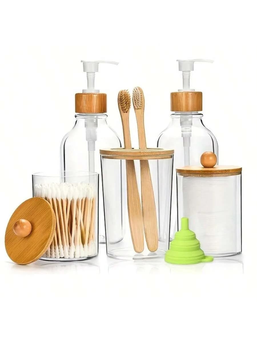 6 pezzi-1 set set di accessori da bagno in bambù set di accessori da bagno trasparenti, dispenser di sapone, portaspazzolino, vasetti porta Qtip