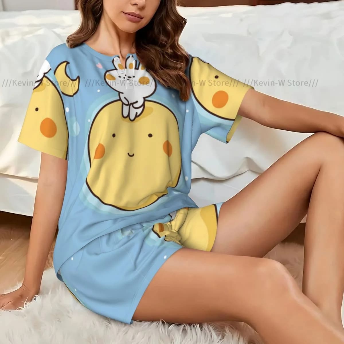 Pigiama da donna Set Coniglio Sit On Planet con Miss You Text Abito estivo da donna a maniche corte per la casa