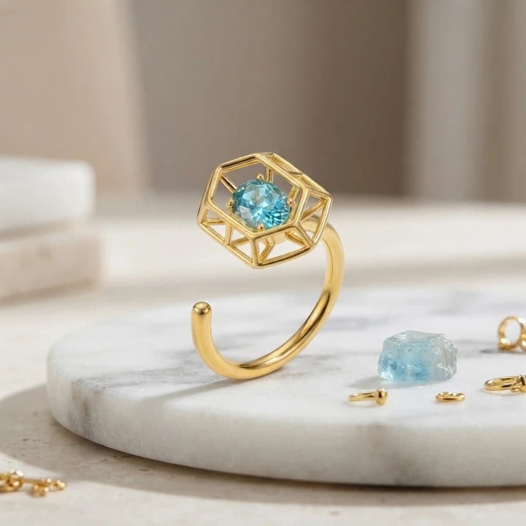 Light Luxury Hexagonal Hollow Adjustable Open Ring Inlaid Blue CZ Women Band Daily Commute Dating Party Vacation Holiday Gift